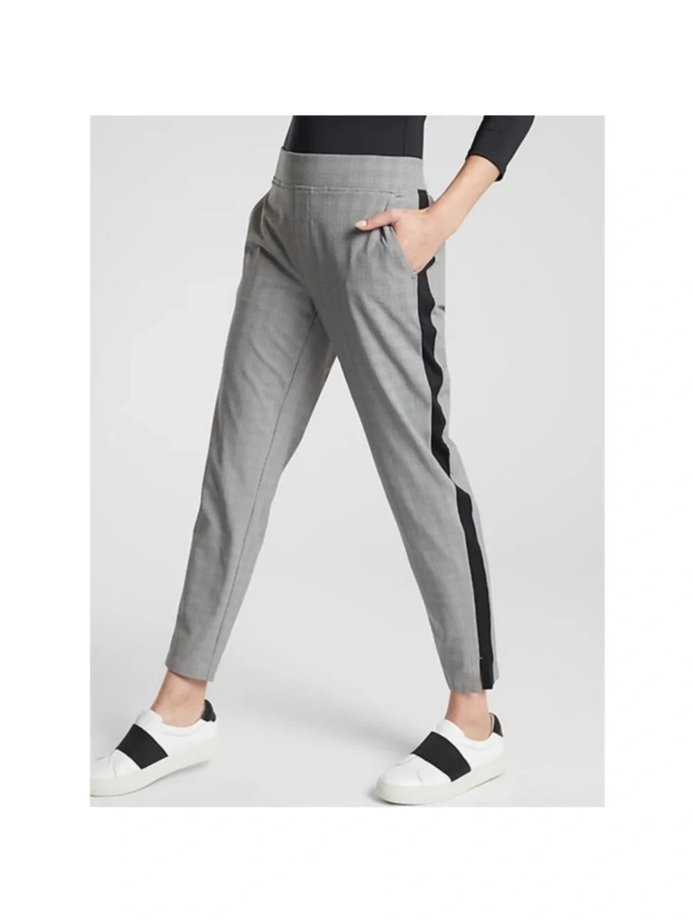 Athleta Glen Plaid Brooklyn Ankle Pant Women’s 6 Black White Side Stripe - Picture 11 of 11